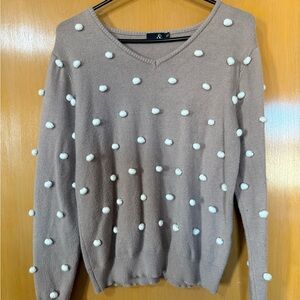 by & by Taupe V-Neck Sweater with Pom Poms